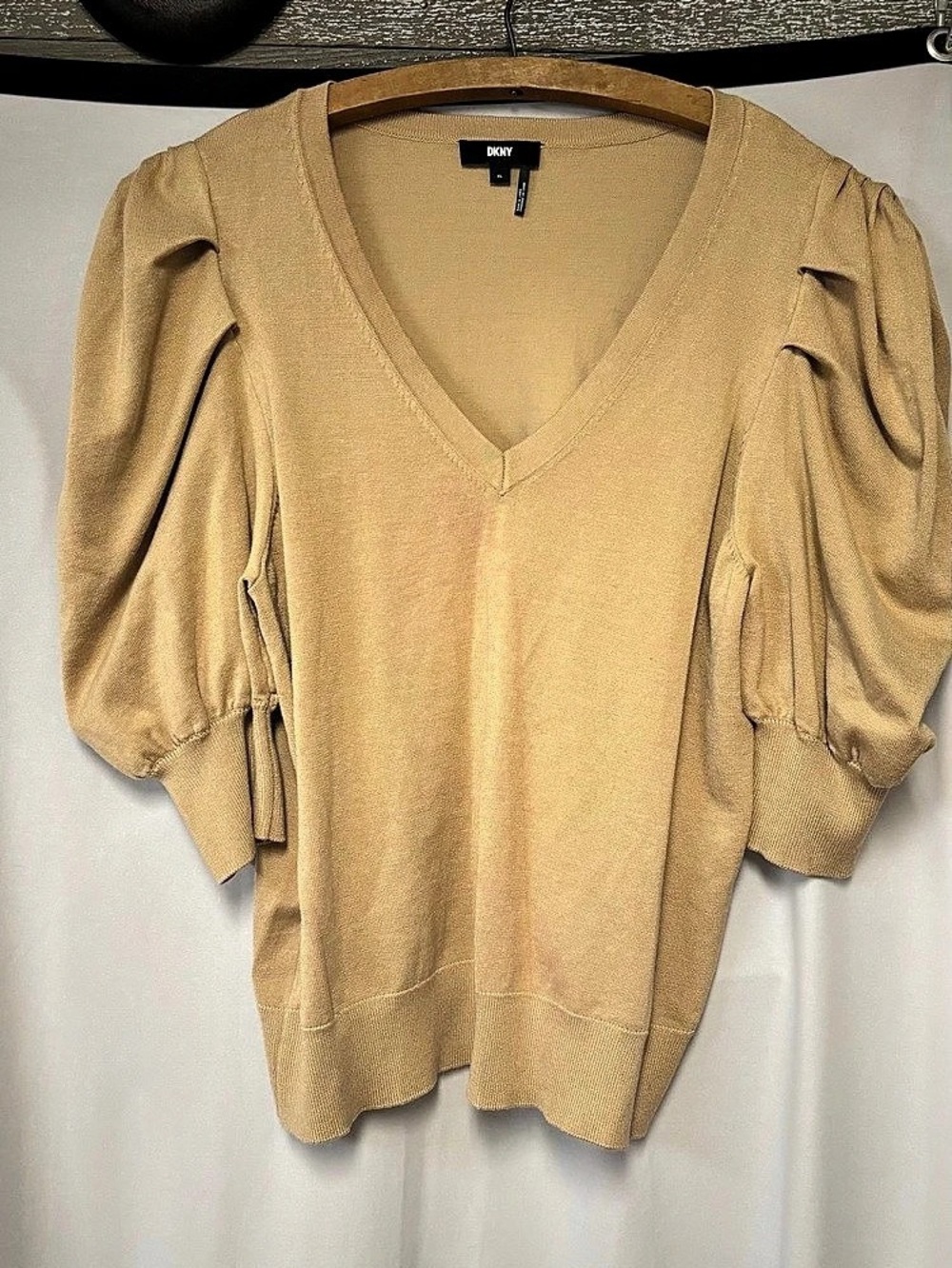 DKNY Puff Sleeve V-Neck Sweater Brown XL